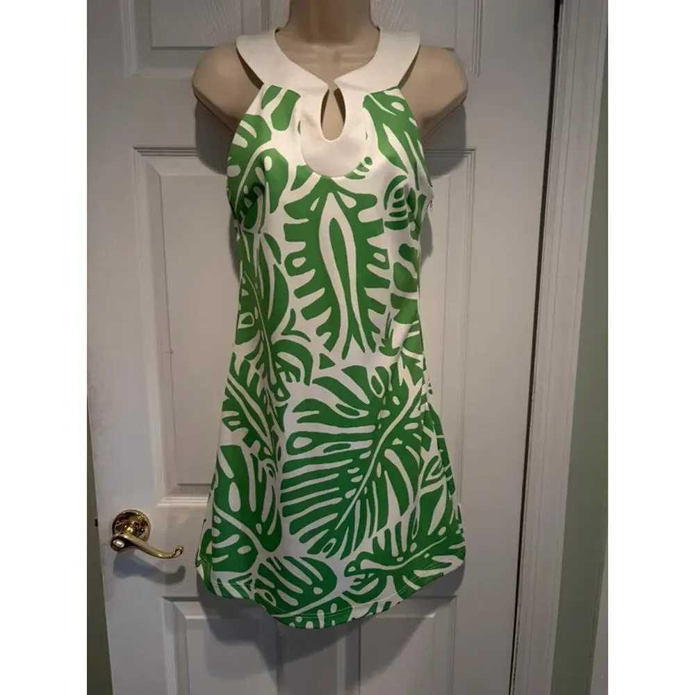 CK‎ Bradley Green Palm Print Halter Dress Size S Tropical Resort Keyhole Coastal